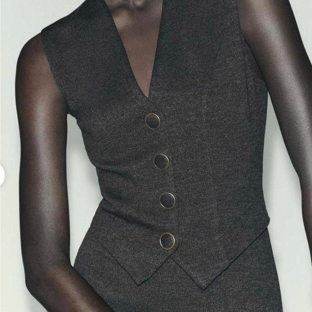 Zara Charcoal Gray Sleeveless Midi Dress with Buttoned Vest - Picture 4 of 6